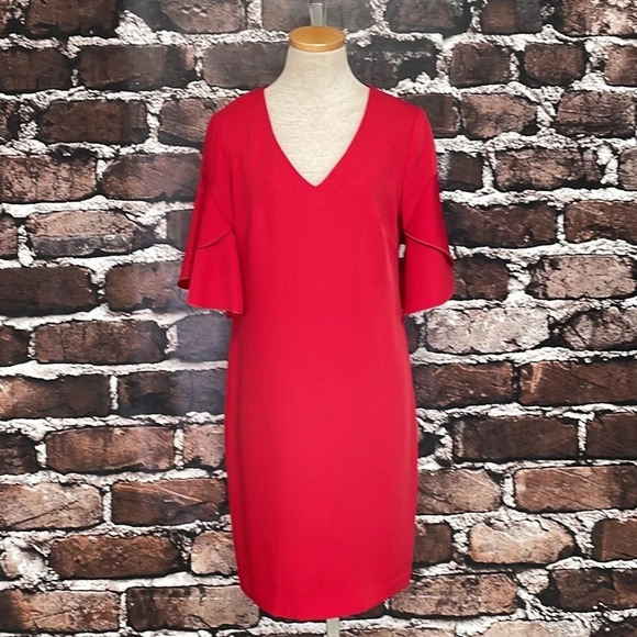 Trina Turk Dress Red Knee Length Sheath V-Neck Bell Sleeves Size 2 - Picture 8 of 16